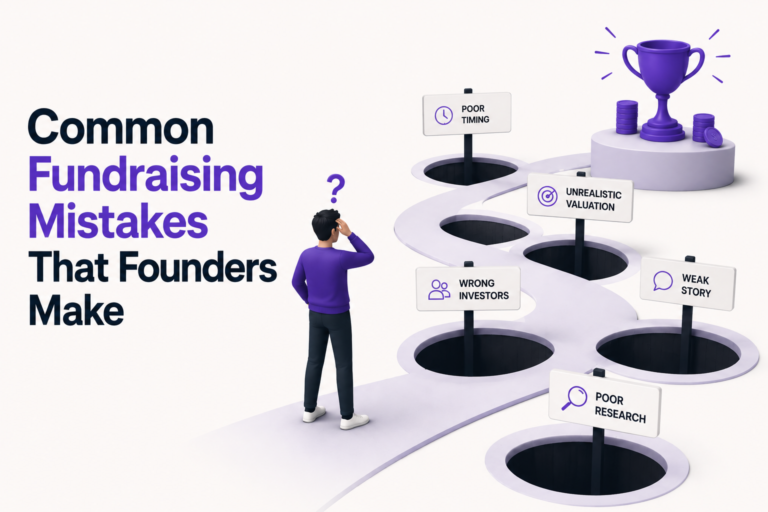 Illustration of a founder facing a winding path with signposts marking common fundraising mistakes — poor timing, unrealistic valuation, wrong investors, weak story, poor research — leading to a trophy.