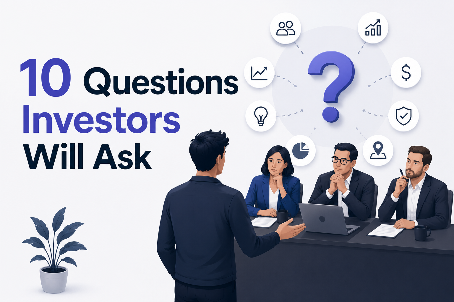 Founder pitching to a panel of three investors at a table, with icons representing market, growth, team, money, idea, and risk circling a large question mark — illustrating the core questions investors ask in every pitch.