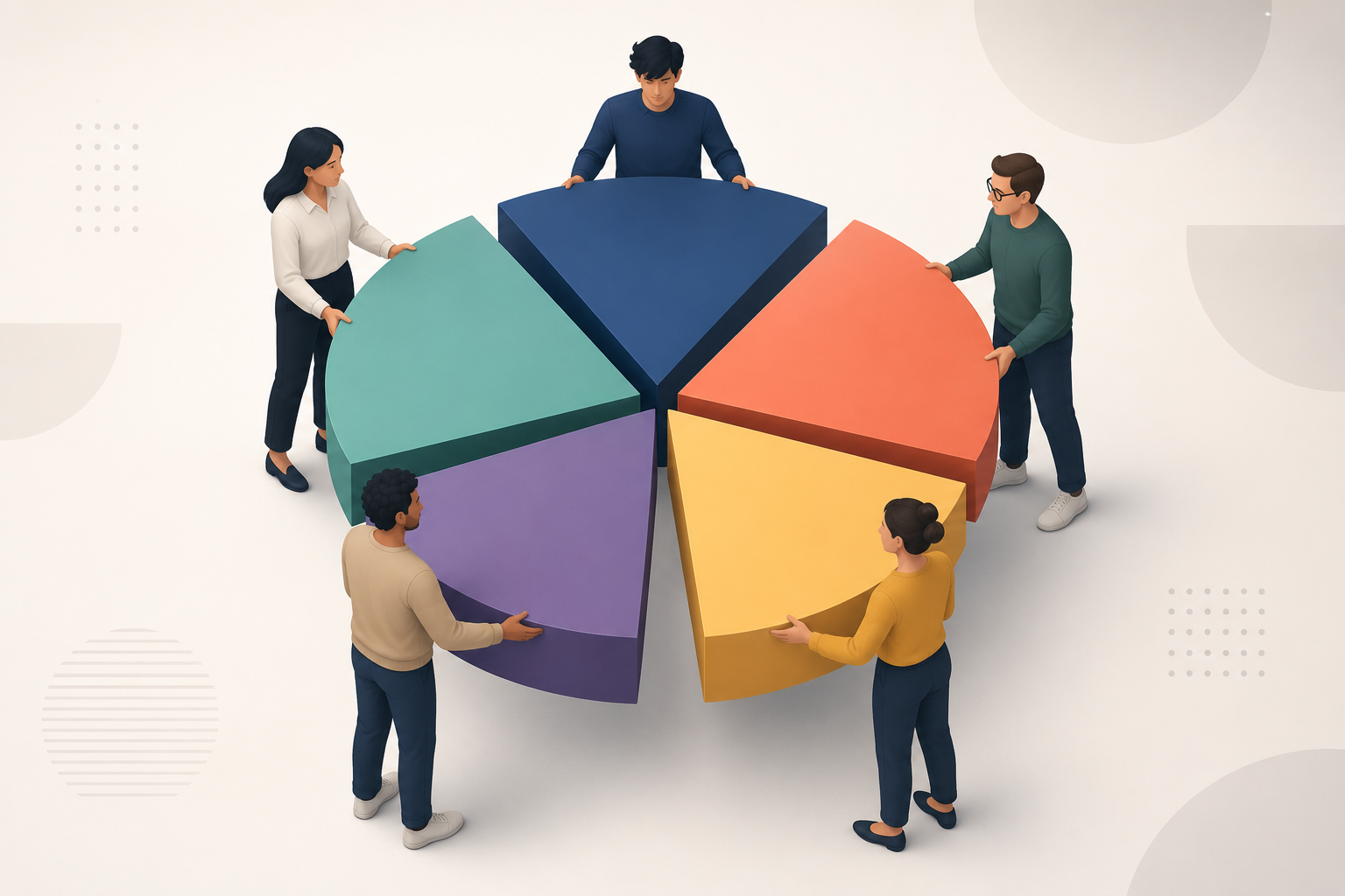 Five co-founders standing around a large 3D pie chart, each holding a coloured slice — illustrating how startup equity is divided between founding team members.