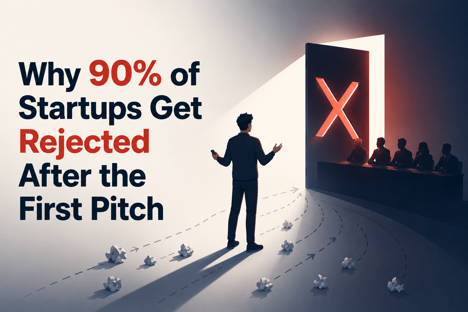 Illustration of a founder pitching to a panel of silhouetted investors beside a doorway marked with a glowing red X, with crumpled paper pitches scattered along dashed paths on the floor — depicting why most startups get rejected after the first pitch.